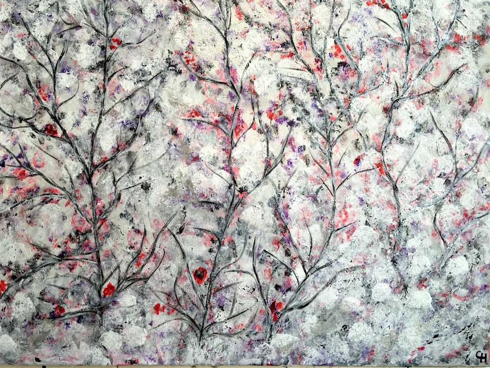 Acrylic, Spachteltechnik und Pinsel, zarte Blüten, Leinwand 90x70 cm (CH_Apr. 2016) 