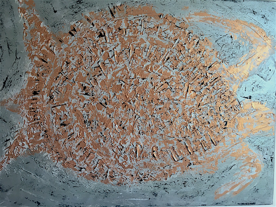 Acrylic, "Turtle", abstract, Silber/Bronze, Spachteltechnik, Leinwand 100x70cm (CH Juli 2016)